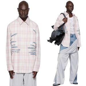 Y-PROJECT | Whisker Distressed Denim Flannel Shirt in Pink Gray Plaid XXL